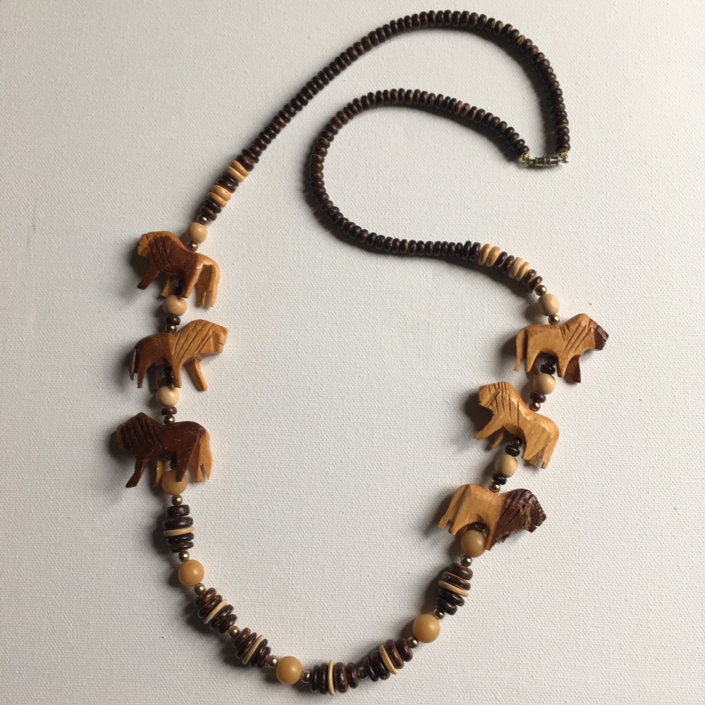 Vintage Hand-carved Lion and Wooden Bead Necklace